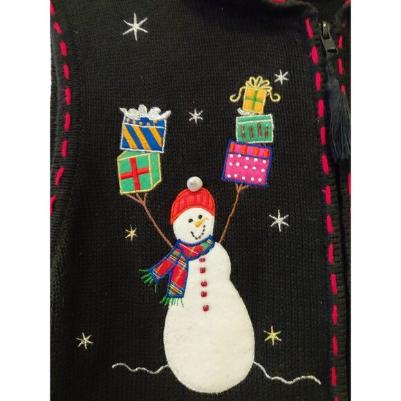 Vtg Christmas Sweater Vest Full Zip Grannycore Snowman Whimsical  XL Applique - Picture 3 of 11